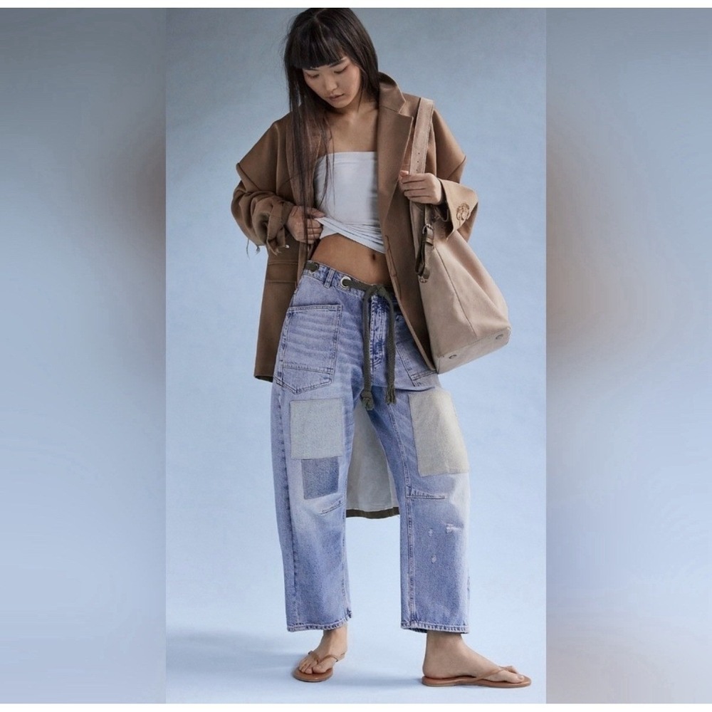 Free People We The Free Moxie Low Slung Pull On Barrel Jeans Patchwork Sz 25